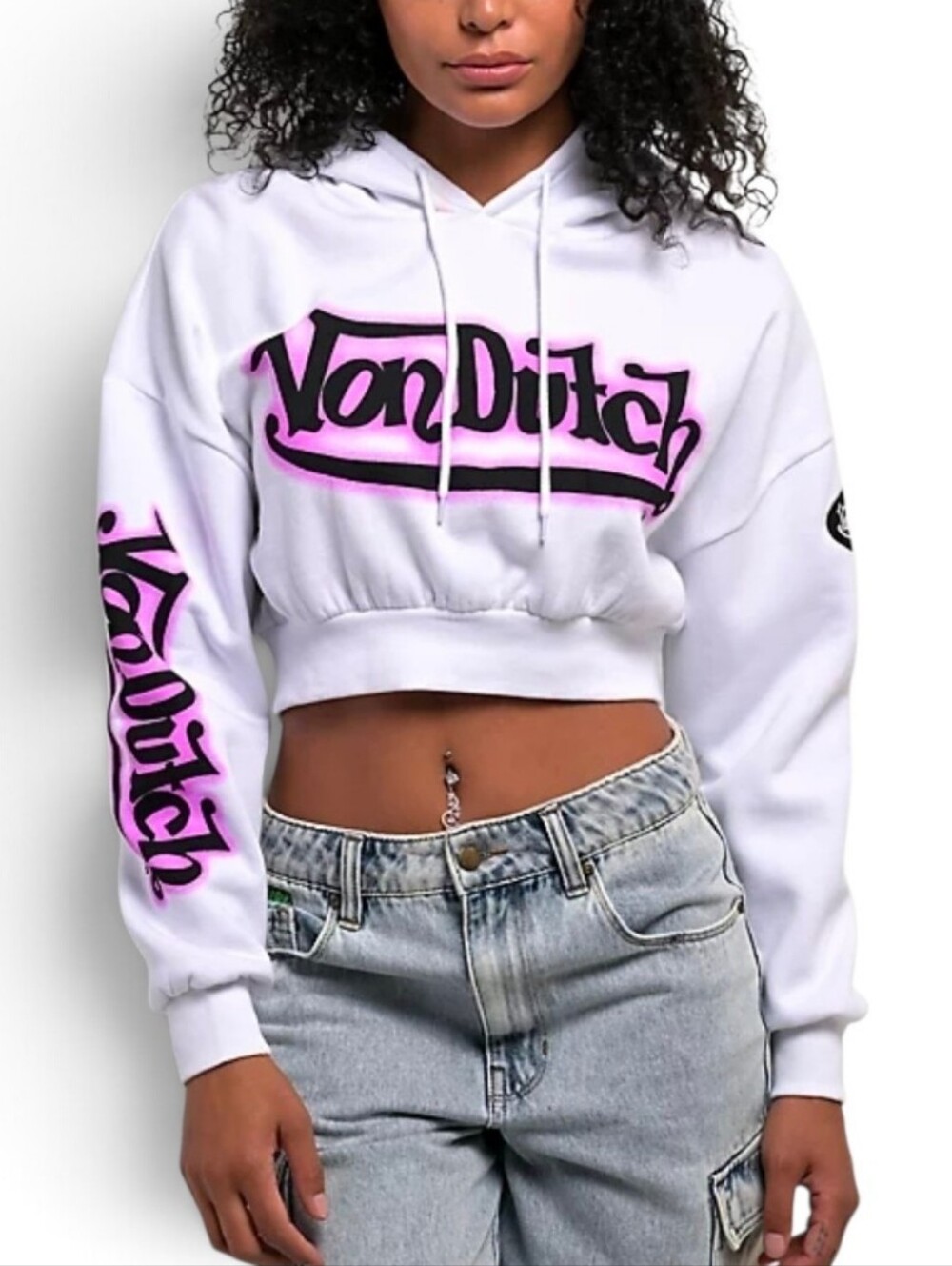 NWT VON DUTCH Y2K White Graffiti Logo Cropped Hoodie - Large